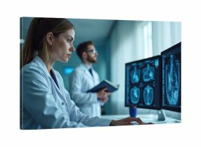 Two medical professionals analyze scan results on computer screens in a modern hospital office. One doctor types, another holds a book and looks thoughtfully at imaging data.