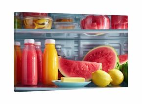 A fridge shelf holds juices, watermelons, lemons, a green bell pepper and butter, all symbols of healthy eating and a balanced lifestyle in daily nutrition