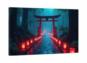 Red torii gate and glowing lanterns line a wet stone path in a foggy Japanese forest at night. Rain falls on trees surrounding the mystical illuminated walkway. Serene scene.