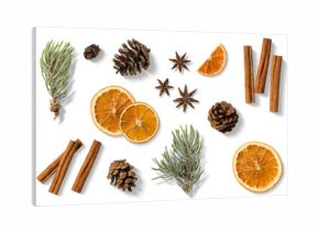 Collection of natural winter and Christmas elements, including dried orange slices, cinnamon sticks, pine cones, star anise, and spruce branches isolated on a transparent background, PNG. High Res.