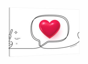 Pasta dish line icon. Continuous line with share plane. Plate with macaroni sign. Food bowl with fork symbol. 3d heart in speech bubble. Pasta dish single line ribbon. Loop curve pattern. Vector