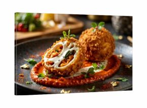 Hyper detailed close-up of deep fried kibbeh balls with red sauce