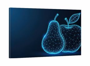 Digital wireframe pear and apple glowing on dark blue background