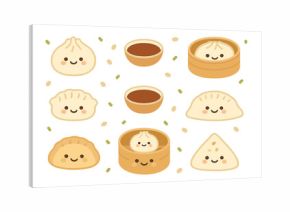 Cute smiling Asian dumplings and dim sum set served in bamboo steamers with dipping sauce bowls