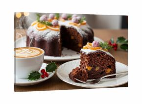 Festive Chocolate Cake Slice with Steaming Coffee and Holly