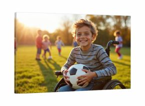 Smiling boy sits in wheelchair holds soccer ball. Other children play football game on grass in park on sunny day. Concept of disabled people inclusion and social adaptation.