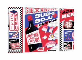 Bold Asian food poster set featuring ramen, sushi, soju, takoyaki, dumplings, character and bold modern graphics. Vibrant Japanese and Korean street food style for menu, ads, and restaurant branding. 