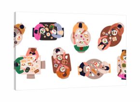 Couple sitting at dinner table, top down view, set. People eating meal together, talking, drinking during romantic date in cafe, overhead. Flat vector illustration isolated on white background