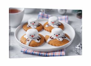 Gingerbread cookie with melting snowman topping on a white background