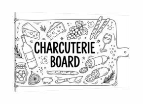 Charcuterie board elements: cheese, wine, bread, salami, grapes, and more