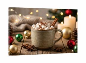 Cozy Christmas Hot Chocolate Mug with Marshmallows, Cinnamon Stick, and Festive Ornaments on Wooden Table