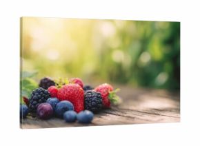 Fresh berries on a wooden table in a sunny garden during summer