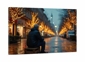 Elderly man sits alone on street bench in city against bright holiday lights. He looks sad and cold amid festive decorations, symbolizing loneliness during Christmas and social issues.