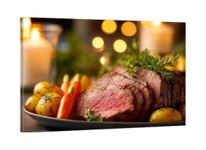 Roast beef slices with potatoes and carrots served on an elegant table surrounded by candles and holiday decor.