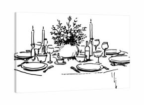 Hand-drawn vector sketch of an elegant dining table set with plates glasses candles and a floral centerpiece for a romantic dinner or celebration