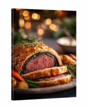 Sliced beef wellington with golden puff pastry crust is served with herbs and roasted vegetables under festive holiday lights. A rich and elegant Christmas dish.