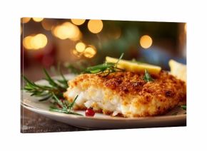 Crispy fried fish fillet with lemon and herbs rests on a festive plate with warm lights. A traditional Polish Christmas Eve dish known as fried carp.
