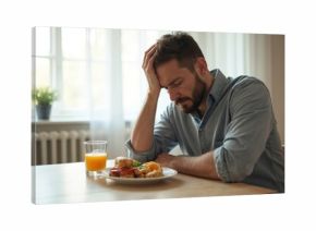 Man with hand on forehead sits at table with plate of food and glass of juice. He looks upset, showing discomfort or lack of appetite. Maybe depressed, stressed or feeling unwell.
