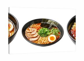 Delicious Korean ramen with boiled eggs, grilled pork, onions, and seaweed in black bowl isolated on white background