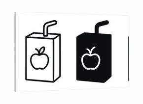 Four apple juice box vector icons presented in a set with different graphic styles, including a simple outline, a solid glyph, a doodle, and a full color cartoon version