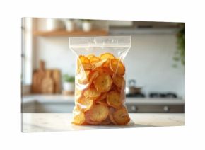 Plantain chips in transparent plastic bag stand on kitchen counter. Crispy fried golden snack food product is ready to eat. Healthy vegan or vegetarian meal. Appetizing snack.