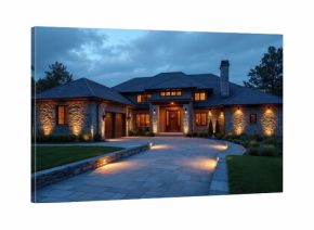 Modern stone house with landscape lighting illuminated at dusk. The elegant residence features a long driveway, manicured lawn, and architectural details.