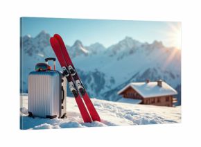Red skis and luggage sit in snow near mountain cabin on ski resort. Goggles lie on suitcase. Sun shines. Vacation trip start preparation in winter wonderland landscape with mountain peaks.