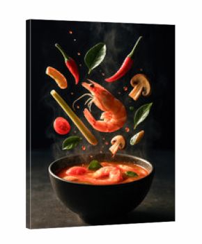 Cinematic high-end food photography of authentic Tom Yum soup in a dark minimalist bowl, illuminated by intense directional rim-light and deep shadows.
