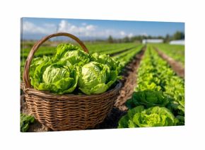 A basket filled with fresh, green lettuces in a vibrant field under a clear sky, showcasing farm produce.