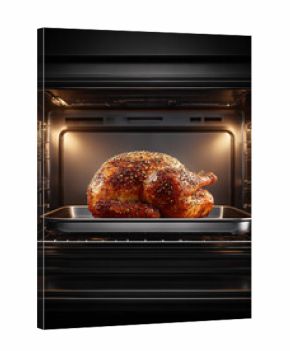 Close-up of juicy whole turkey in baking pan after broiling in oven cavity. Open modern oven with roasted Christmas turkey inside. Traditional holiday meal for Thanksgiving and Christmas