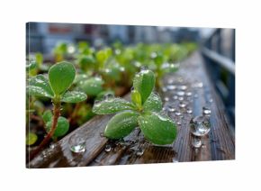 Closeup of Water Droplets on Green Leaves and Wood
