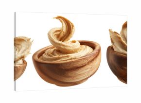 Swirled creamy hummus in wooden bowl, isolated on white transparent background. Concept of healthy vegan food and dip