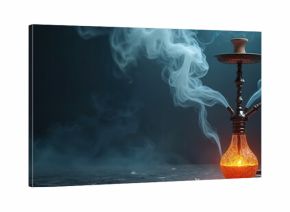 Traditional hookah pipe with amber glowing water and swirling white smoke clouds. Dark moody background with atmospheric fog. Aromatic tobacco smoking ritual.
