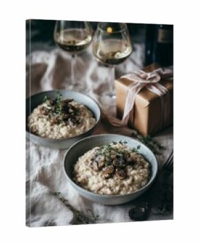 Two bowls of creamy mushroom risotto with thyme sit on a linen-covered table. Wine glasses and a satin-tied gift box create warm romantic dinner mood.