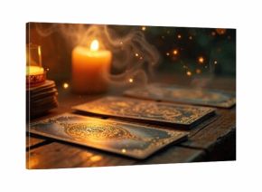 Mystic tarot cards and burning candles create a dark, mystical atmosphere. Fortune telling deck laid out on wood table for divination and psychic reading. Sparks float.