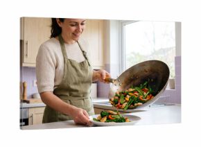 smiling woman in apron cooking colorful vegetable stir fry in bright home kitchen during relaxed daytime meal preparation
