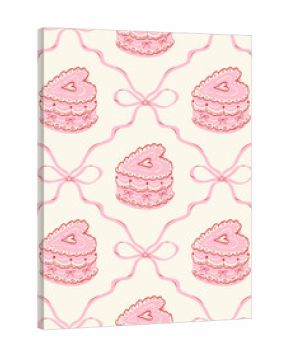 Cute seamless pattern with hand drawn ribbons and bows, heart shaped cakes. Coquette vintage print. Preppy girly background for Valentine's day, wedding, birthday, wrapping paper.