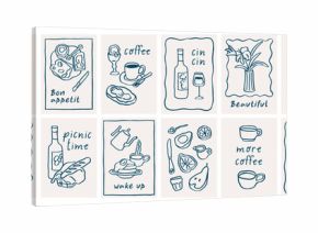 Breakfast cards in doodle Dolce Vita style. Italian posters with morning phrases, snacks, coffee cup, moka pot, flower sketches, scribbles in whimsical coquette frames. Hand-drawn vector illustrations