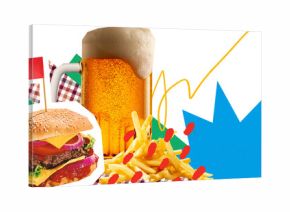Bright artwork of beer glasses fries and burger on transparent background. Concept of fast food combos, pub meals, casual dining culture and food beverage advertising visuals.