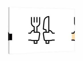 A hand holding a fork and knife. A logo-style icon representing menus, restaurants, and cuisine.