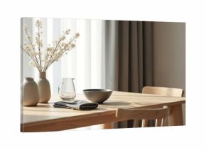 Minimalist dining table setup with wooden chairs. Natural light illuminates a placemat, grey bowl, and dried floral arrangement in vases. Clean, modern interior.