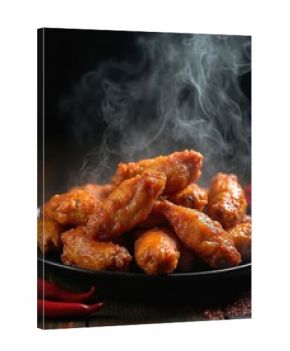 Hot chicken wings piled on a plate with red chili peppers and steam rising. The spicy dish sits on a dark wooden table. This tempting meal is ready to eat. Great for food blogs and menus.
