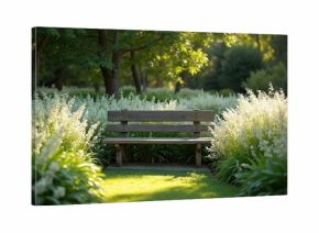 Wooden bench sits in sunlit garden filled with lush green grass and abundant white flowering plants. Tall trees form a natural canopy overhead, creating a peaceful outdoor retreat.