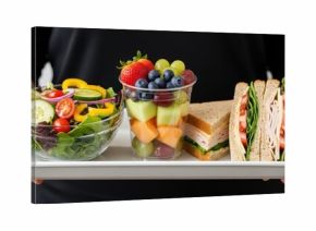 Diverse healthy meal with fresh salad, fruit cup, and turkey sandwich on tray