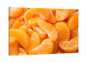 Many ripe peeled tangerines as background, top view