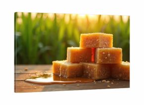 Several jaggery cubes stacked on a wooden table with melted syrup pooling. Blurred green sugarcane stalks and warm sunset light form the background.