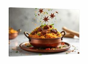 Rich mutton biryani served in copper pot. Aromatic rice with tender meat pieces and fresh herbs. Star anise and spices fall onto dish. Delicious Indian cuisine.