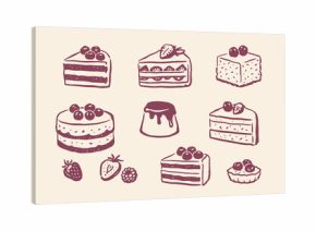 Dessert set cakes and berries doodle line art vector illustration