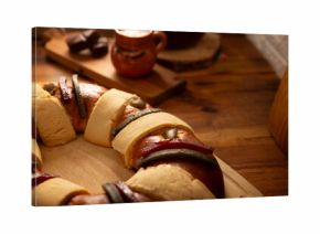 Rosca de Reyes, also called Three Kings Bread, Roscon, Epiphany Cake, traditionally served with hot chocolate in a clay Jarrito. Mexican tradition on January 5th.