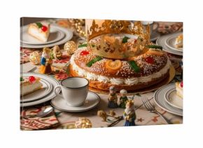 Festive dessert table featuring a traditional cake adorned with a golden crown, surrounded by decorative figurines and elegant tableware, celebrating a joyful occasion